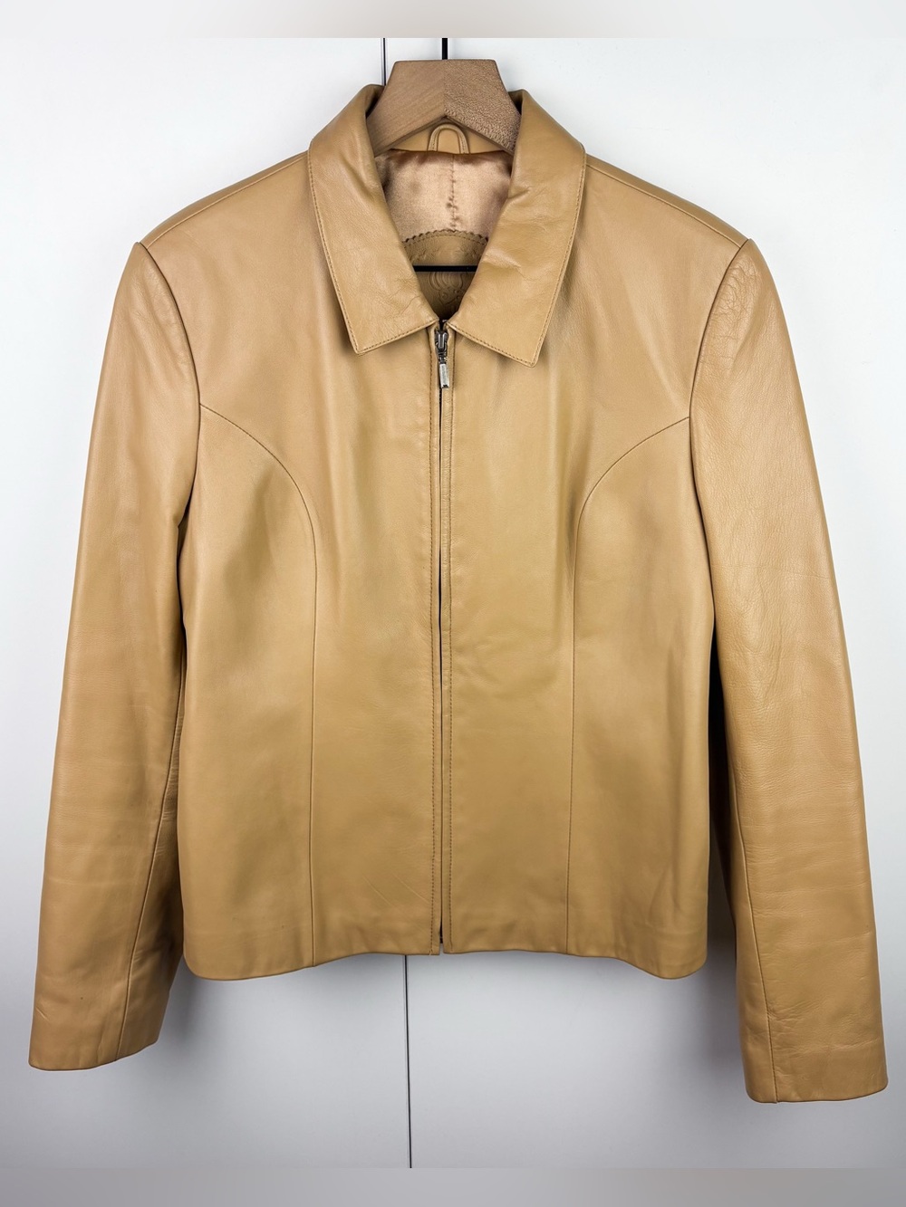 Vintage 90s Leather Rosleen Zip Front Slim Beige Tan Brown Jacket Coat 1990s Y2K